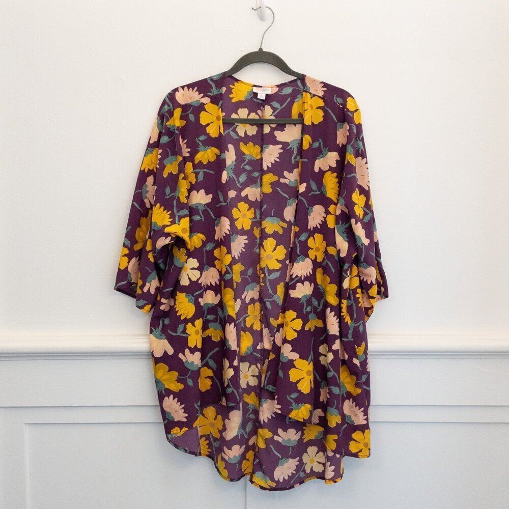 LuLaRoe Kimono Cardigan L Purple Floral Print Lightweight Cover Up